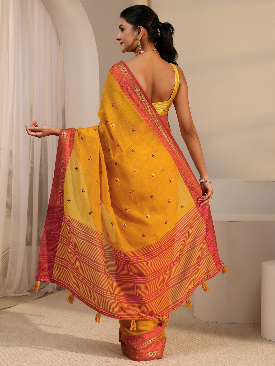 Mameraa Mustard Floral Embroidered Cotton Blend Tassel Saree