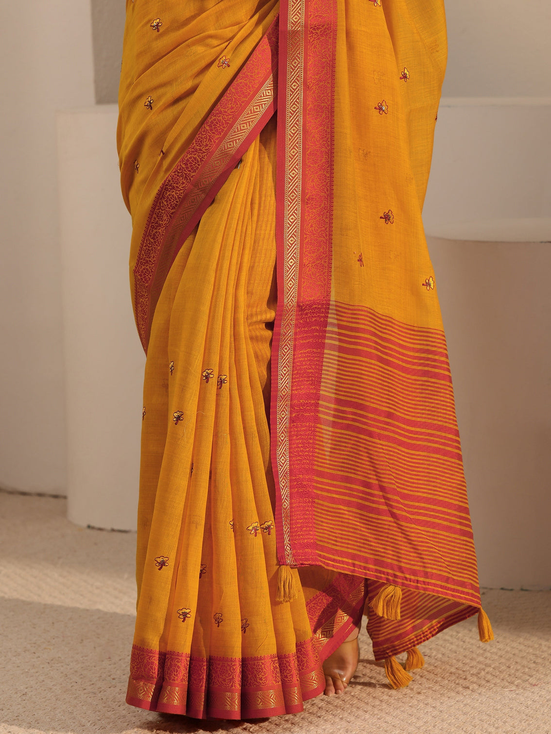 Mameraa Mustard Floral Embroidered Cotton Blend Tassel Saree