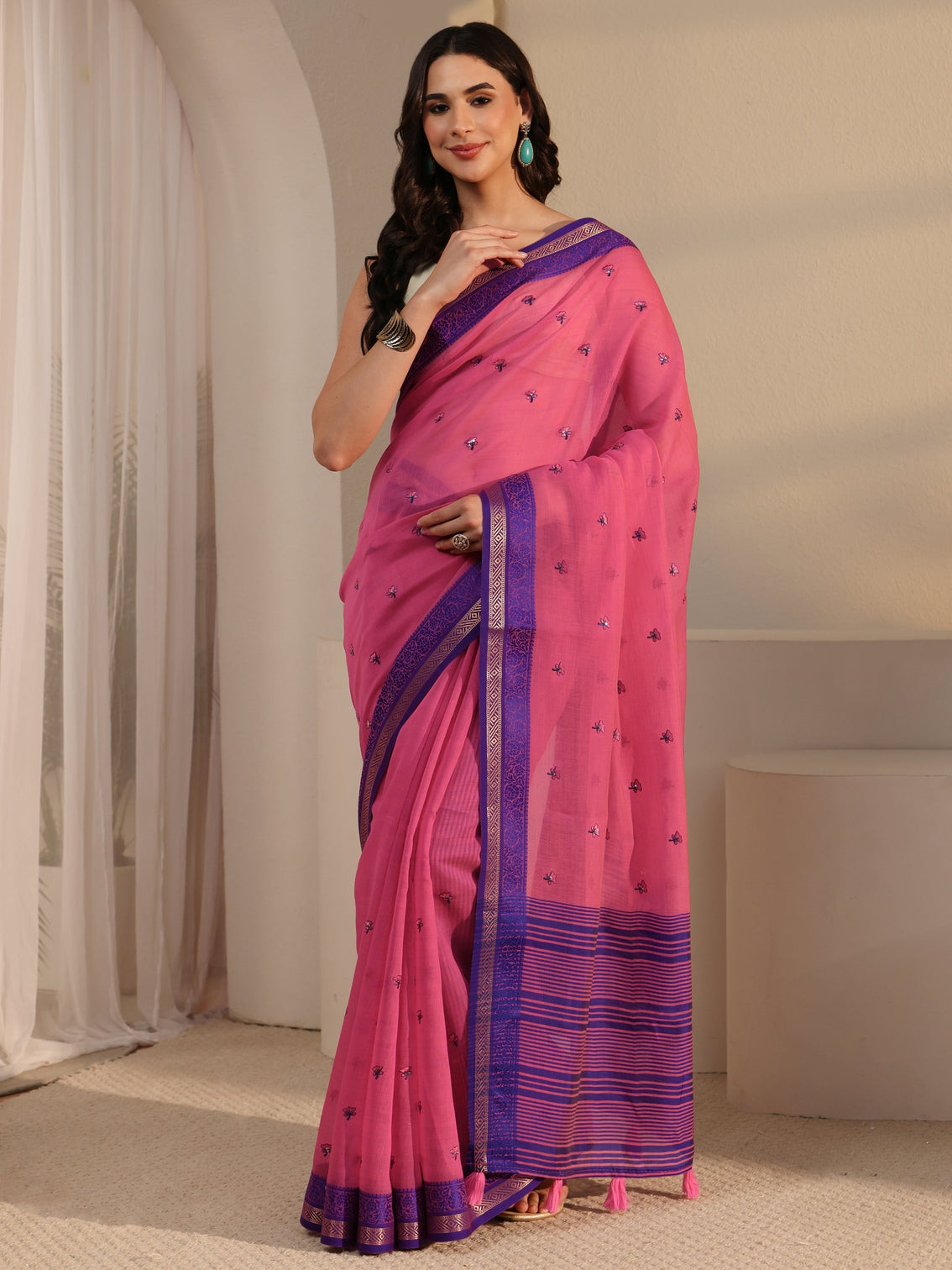 Mameraa Pink Floral Embroidered Cotton Blend Tassel Saree