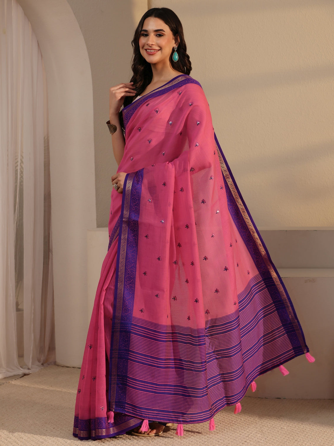 Mameraa Pink Floral Embroidered Cotton Blend Tassel Saree