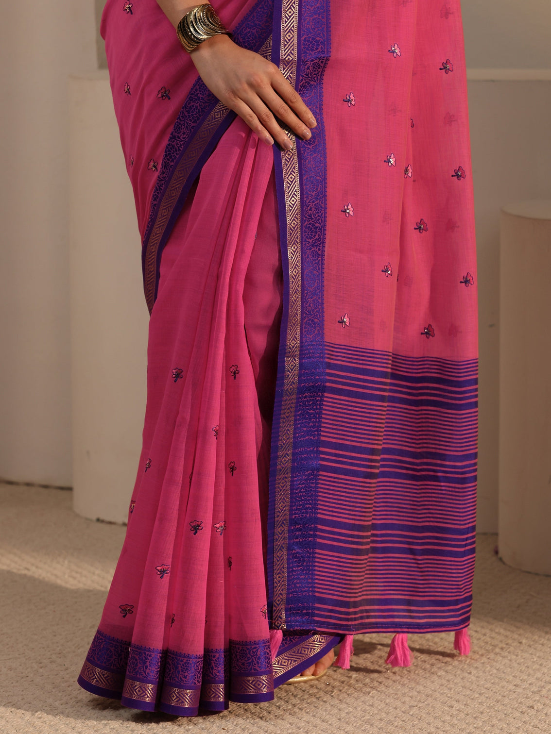 Mameraa Pink Floral Embroidered Cotton Blend Tassel Saree