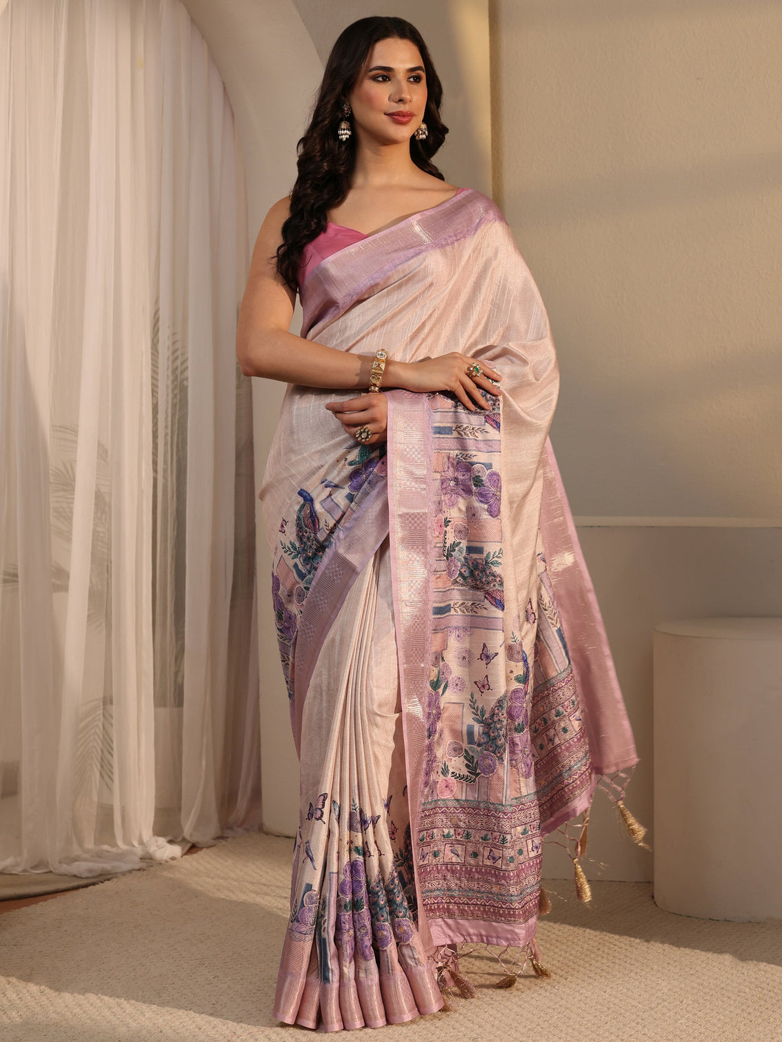 Mameraa Beige Peacock Silk Blend Tassel Saree with Woven Border