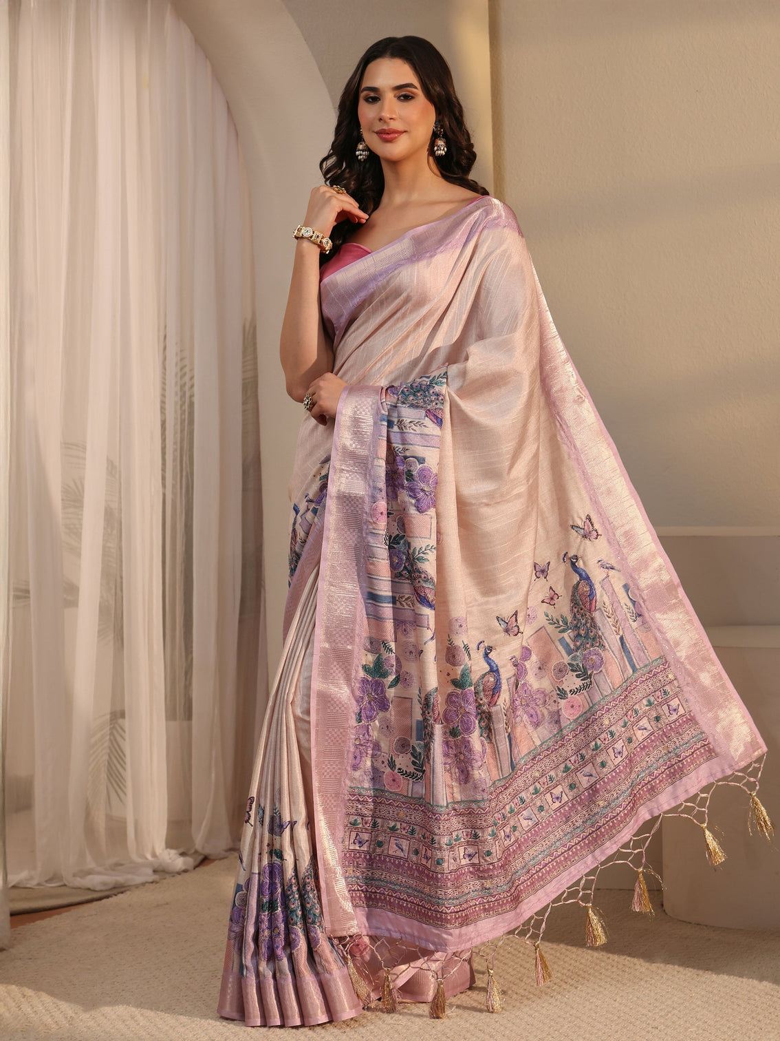 Mameraa Beige Peacock Silk Blend Tassel Saree with Woven Border