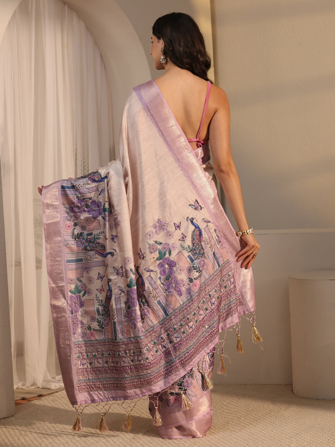 Mameraa Beige Peacock Silk Blend Tassel Saree with Woven Border