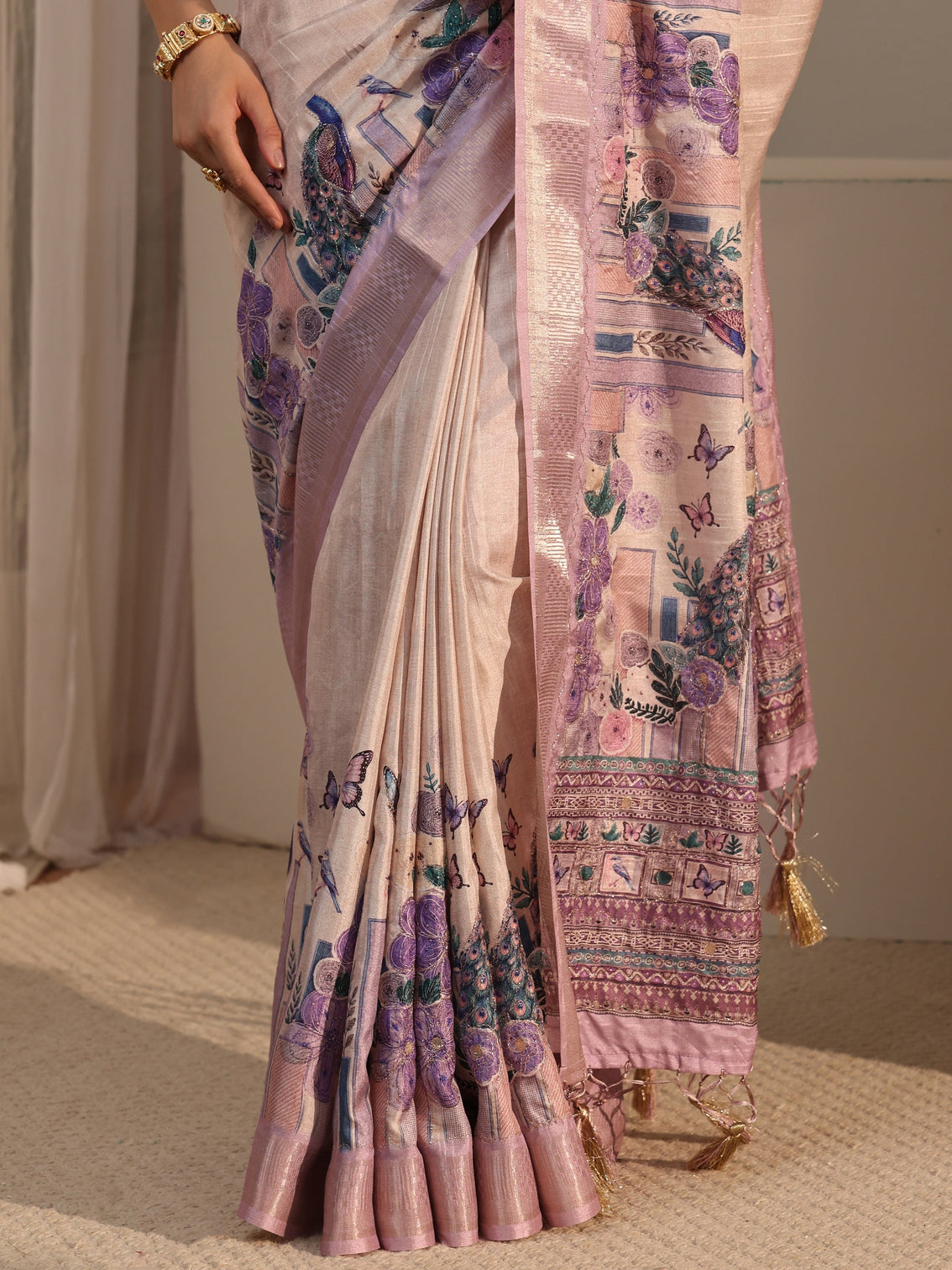 Mameraa Beige Peacock Silk Blend Tassel Saree with Woven Border