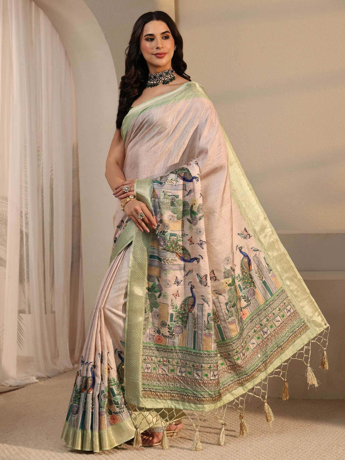 Mameraa Beige Peacock Silk Blend Tassel Saree with Woven Border