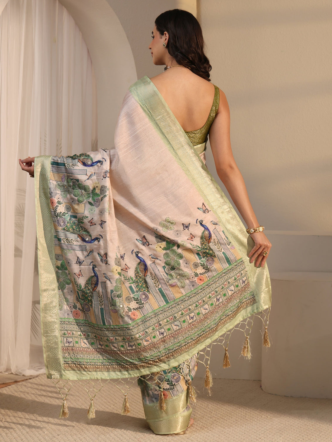 Mameraa Beige Peacock Silk Blend Tassel Saree with Woven Border