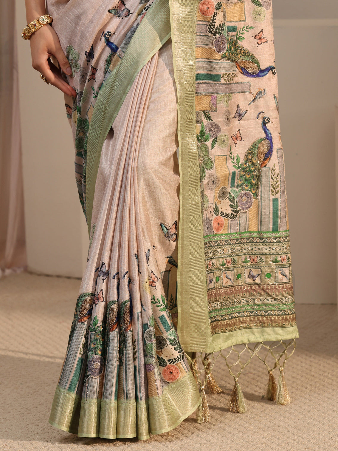Mameraa Beige Peacock Silk Blend Tassel Saree with Woven Border