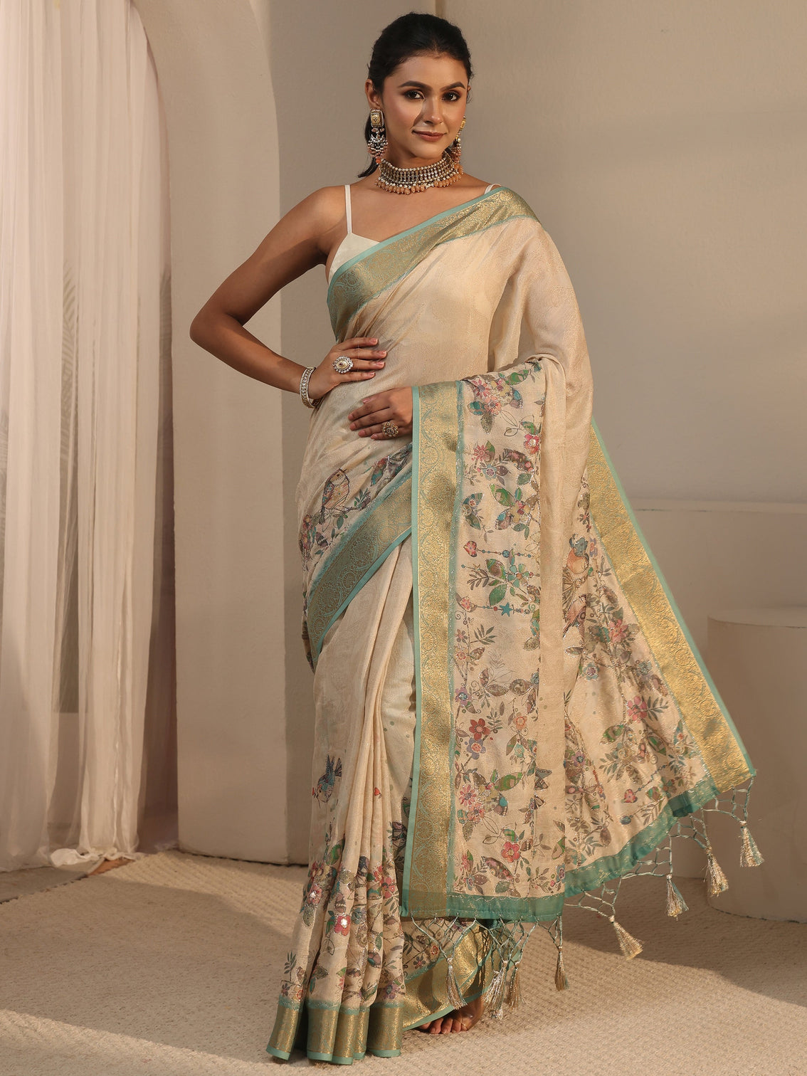 Mameraa Beige Floral Printed Silk Blend Tassel Saree with Woven Border