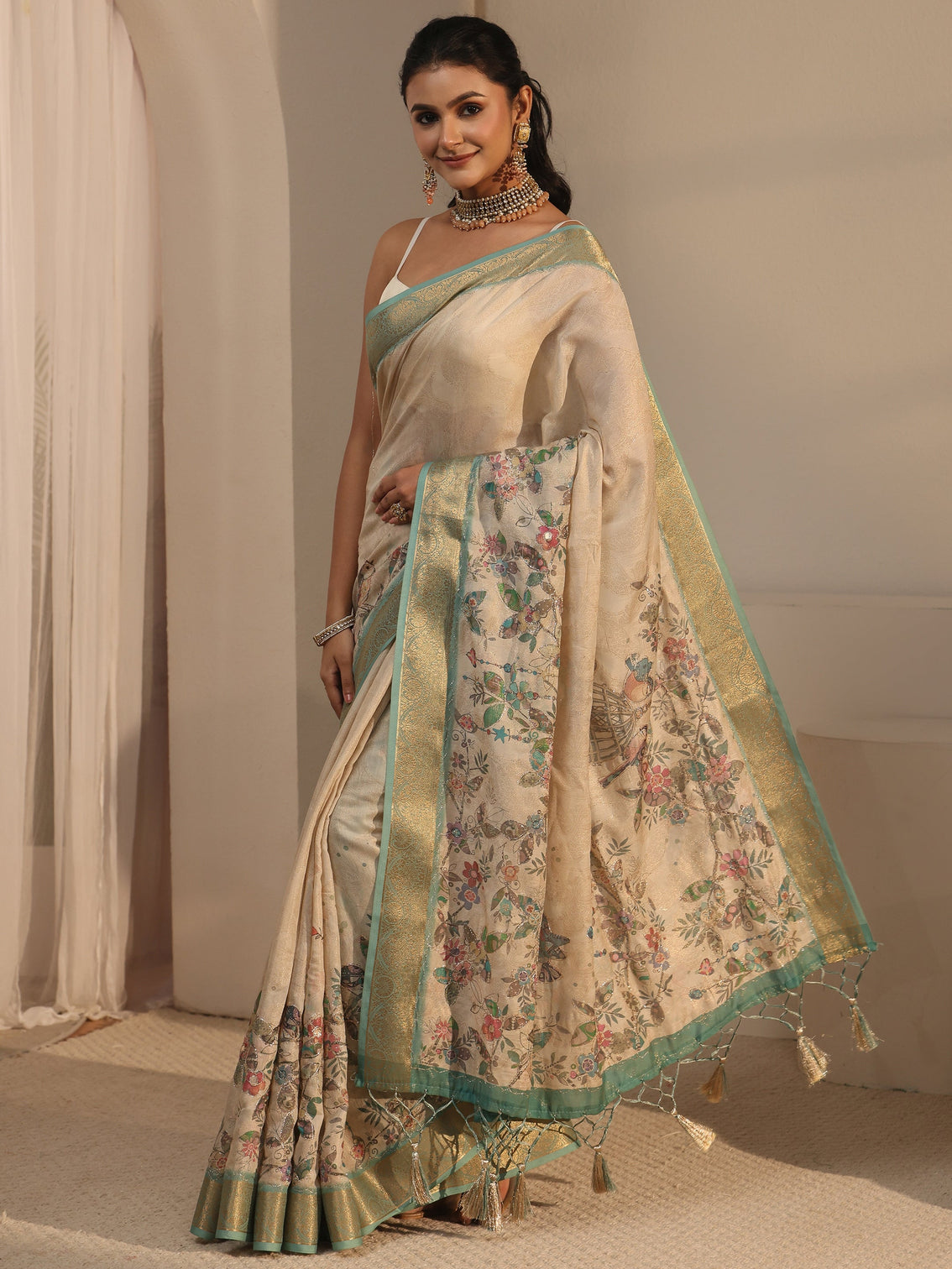 Mameraa Beige Floral Printed Silk Blend Tassel Saree with Woven Border