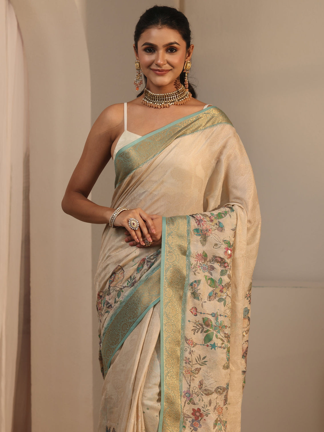 Mameraa Beige Floral Printed Silk Blend Tassel Saree with Woven Border