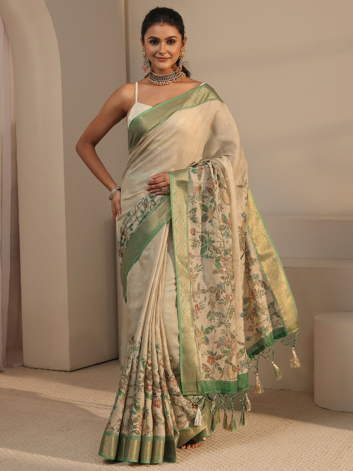 Mameraa Beige Floral Printed Silk Blend Tassel Saree with Woven Border