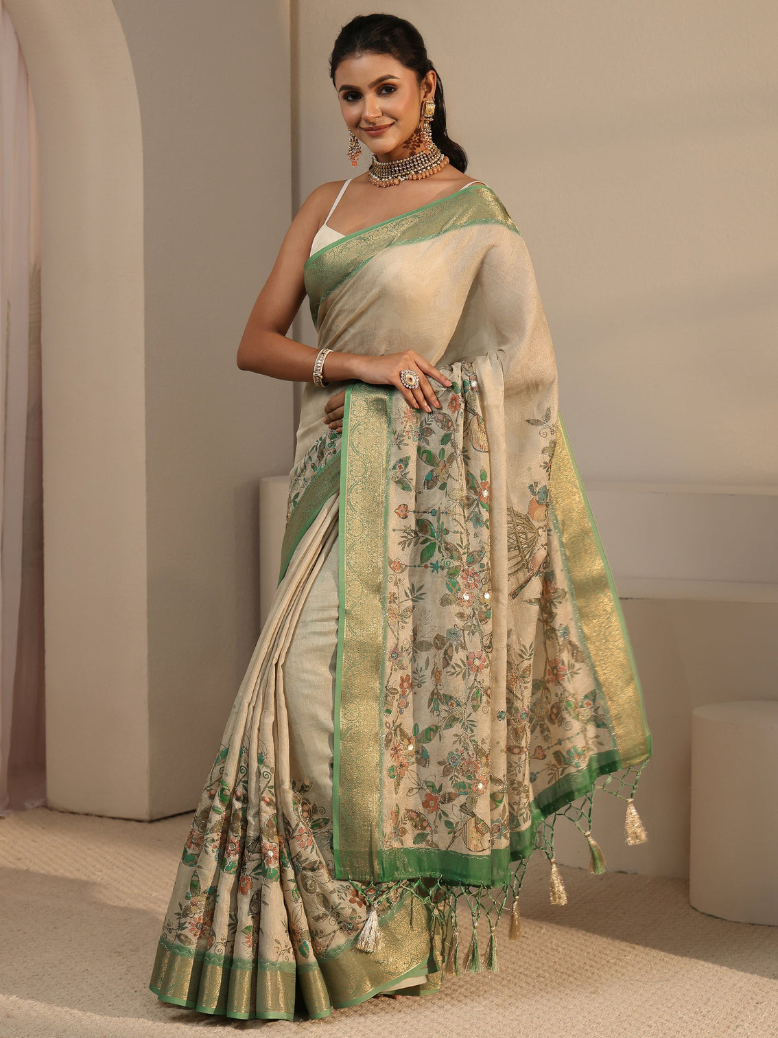 Mameraa Beige Floral Printed Silk Blend Tassel Saree with Woven Border
