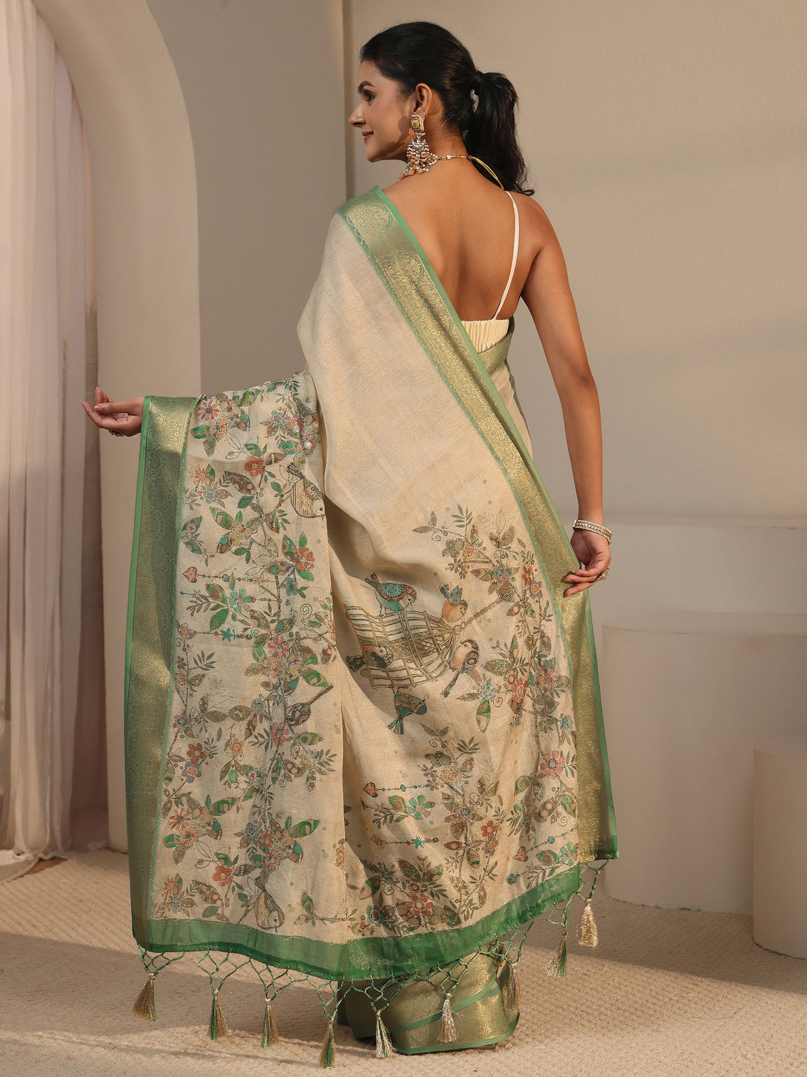 Mameraa Beige Floral Printed Silk Blend Tassel Saree with Woven Border