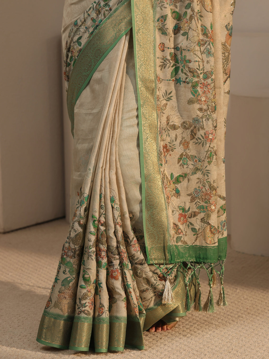Mameraa Beige Floral Printed Silk Blend Tassel Saree with Woven Border