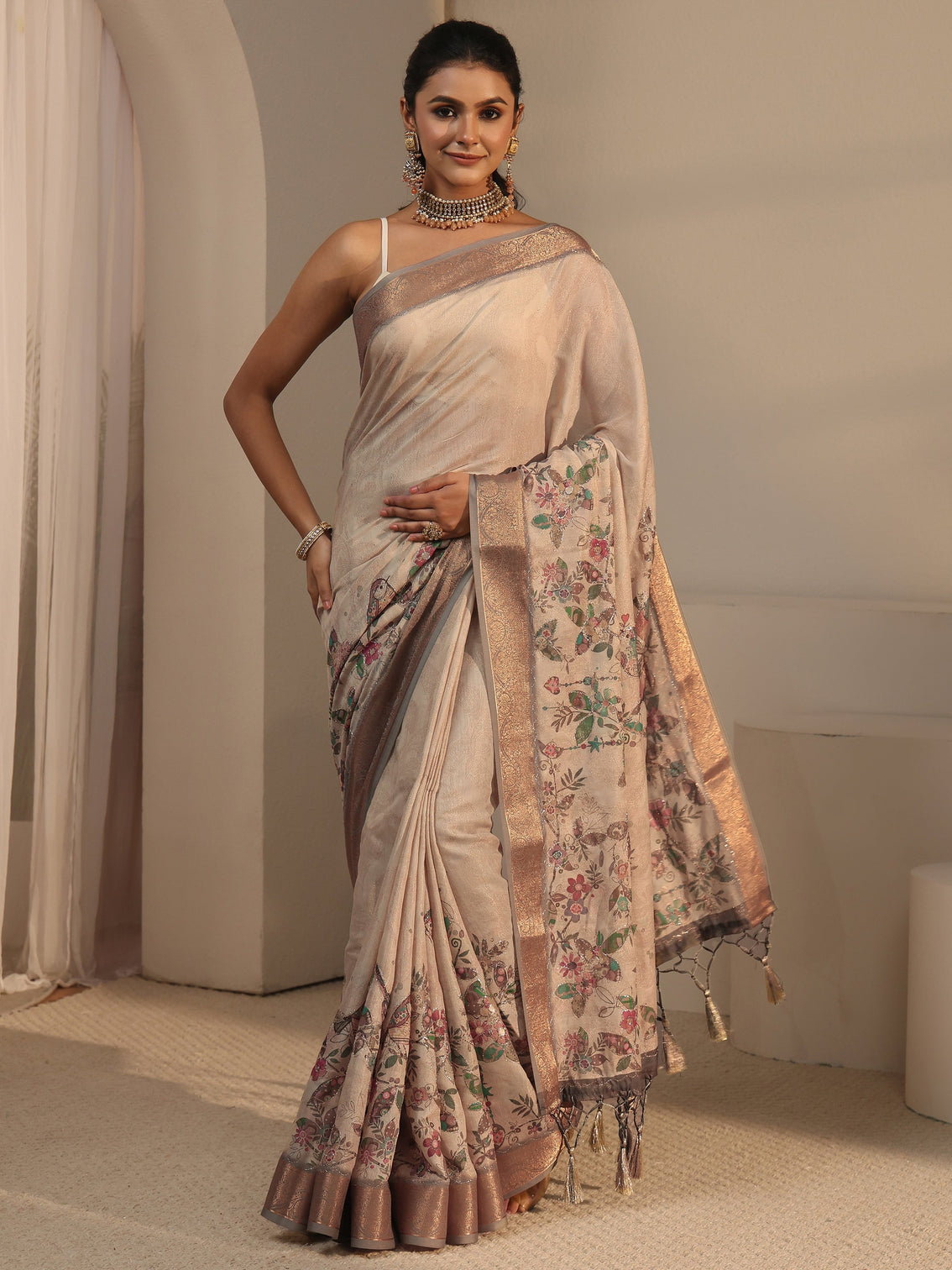 Mameraa Beige Floral Printed Silk Blend Tassel Saree with Woven Border