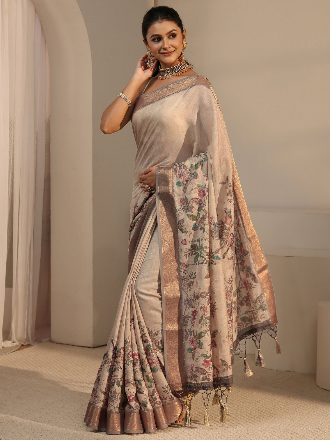 Mameraa Beige Floral Printed Silk Blend Tassel Saree with Woven Border