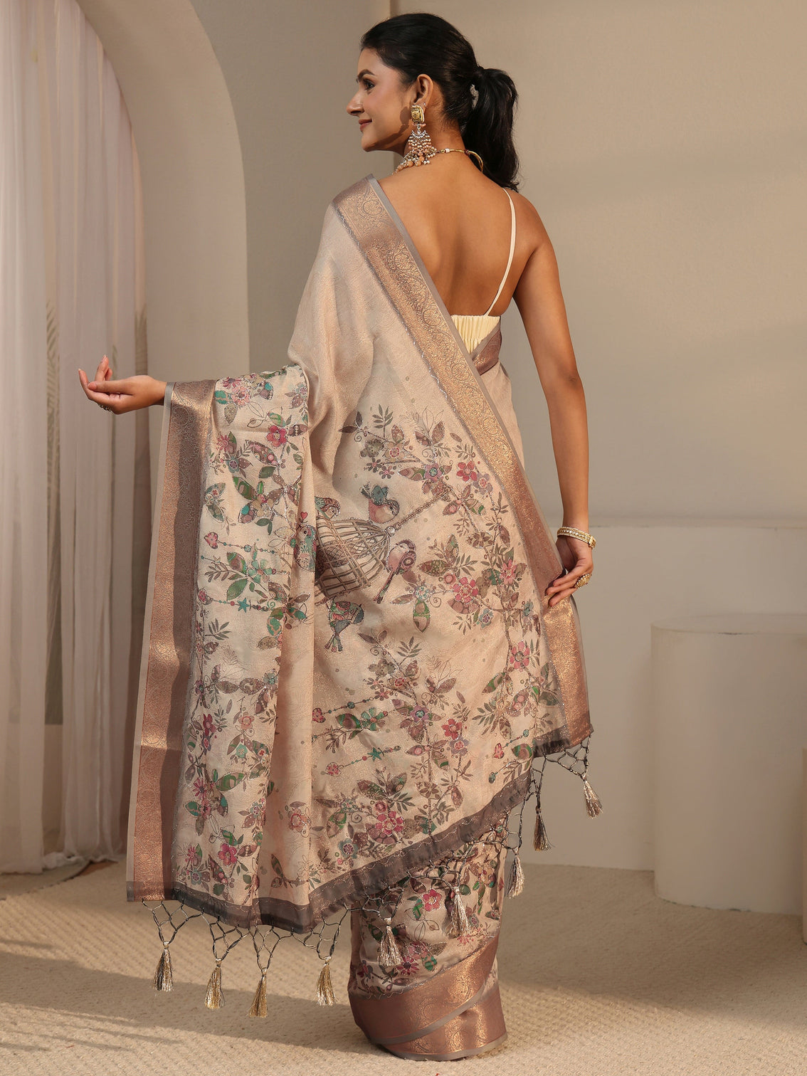 Mameraa Beige Floral Printed Silk Blend Tassel Saree with Woven Border