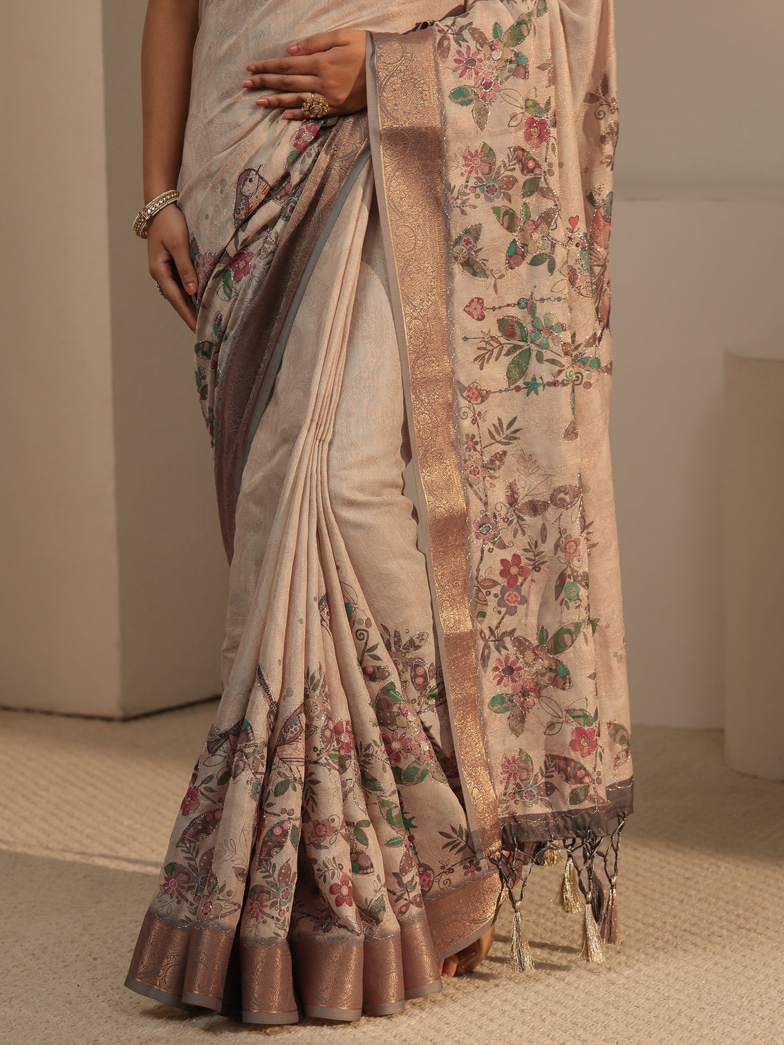 Mameraa Beige Floral Printed Silk Blend Tassel Saree with Woven Border