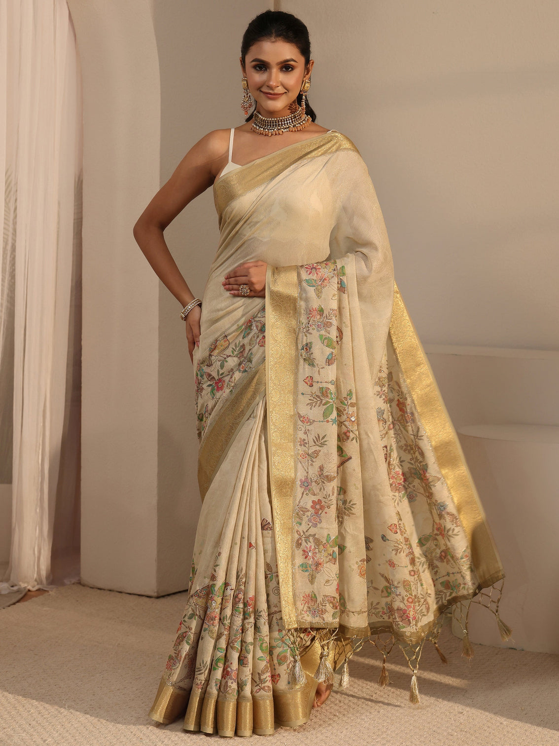 Mameraa Beige Floral Printed Silk Blend Tassel Saree with Woven Border