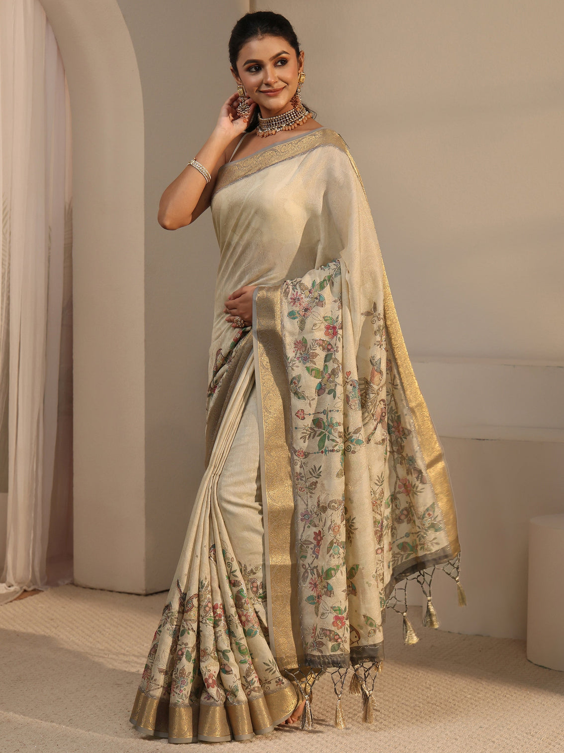 Mameraa Beige Floral Printed Silk Blend Tassel Saree with Woven Border