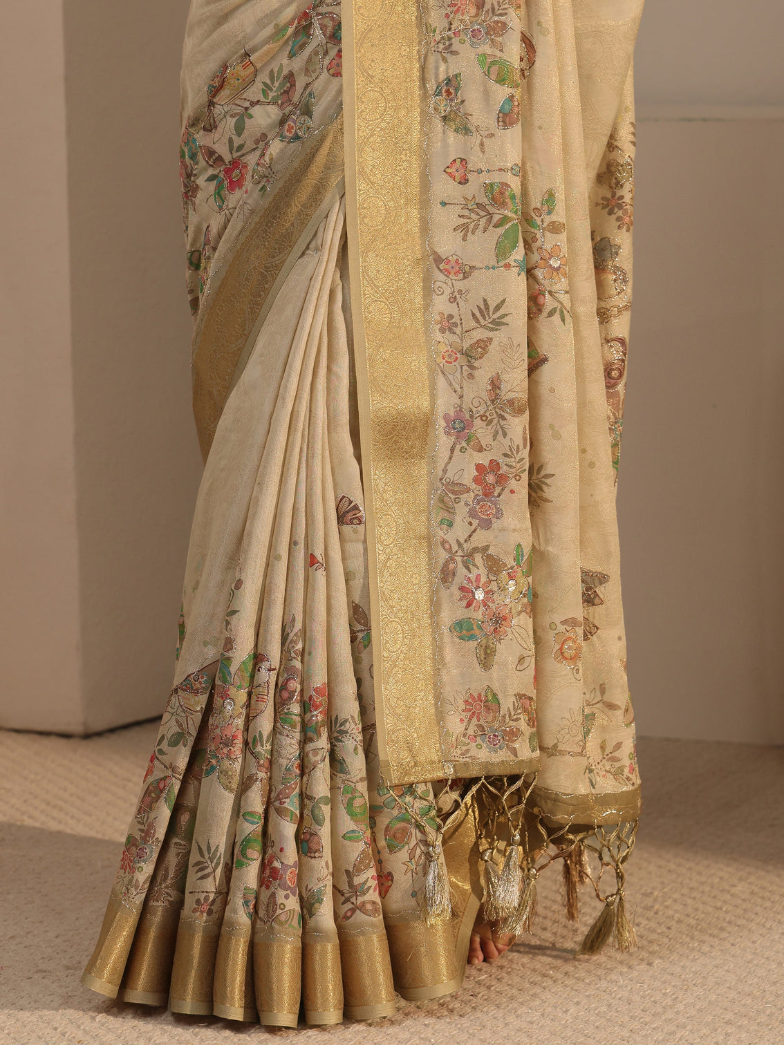 Mameraa Beige Floral Printed Silk Blend Tassel Saree with Woven Border