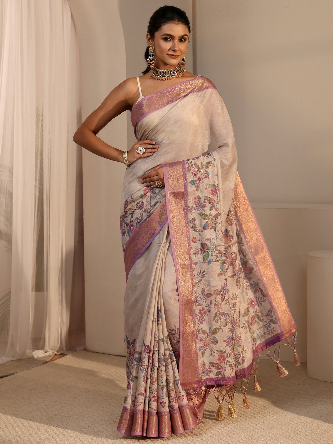Mameraa Beige Floral Printed Silk Blend Tassel Saree with Woven Border