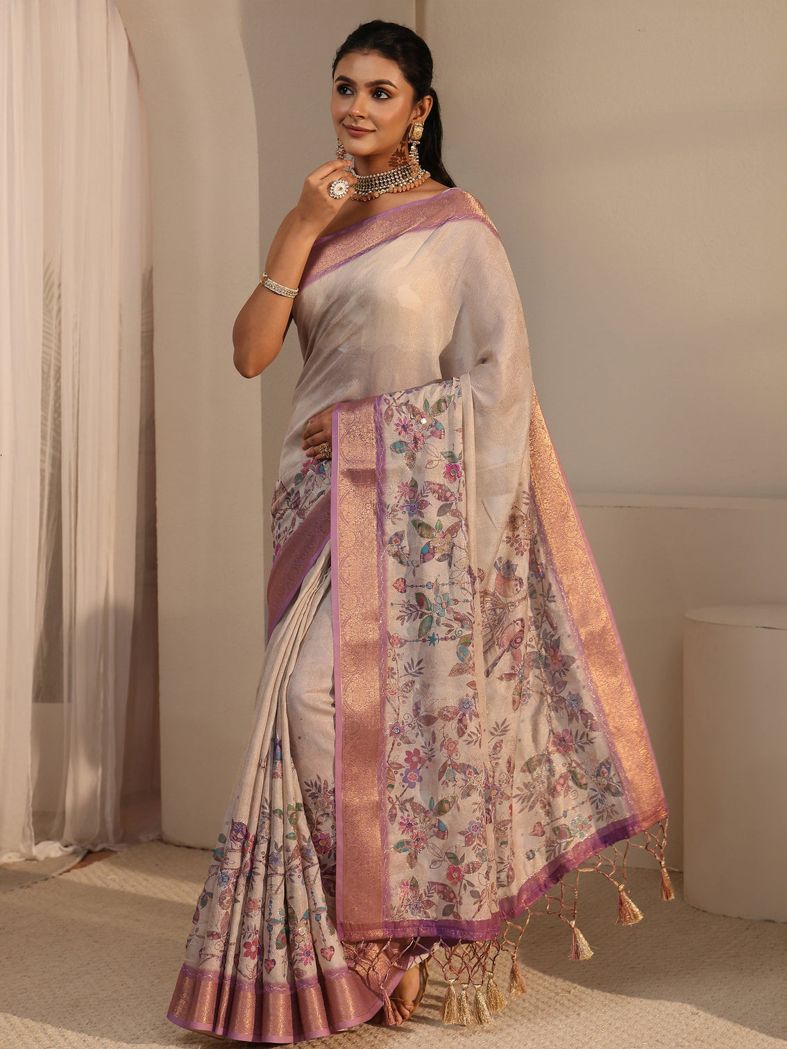 Mameraa Beige Floral Printed Silk Blend Tassel Saree with Woven Border
