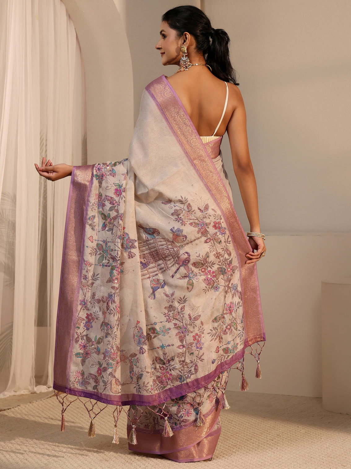 Mameraa Beige Floral Printed Silk Blend Tassel Saree with Woven Border