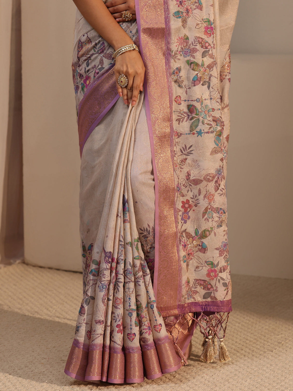 Mameraa Beige Floral Printed Silk Blend Tassel Saree with Woven Border