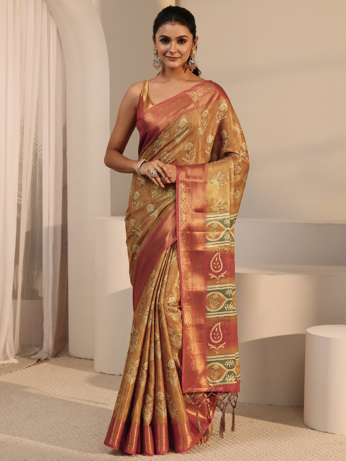 Mameraa Brown Floral Printed Silk Blend Saree with Woven Border