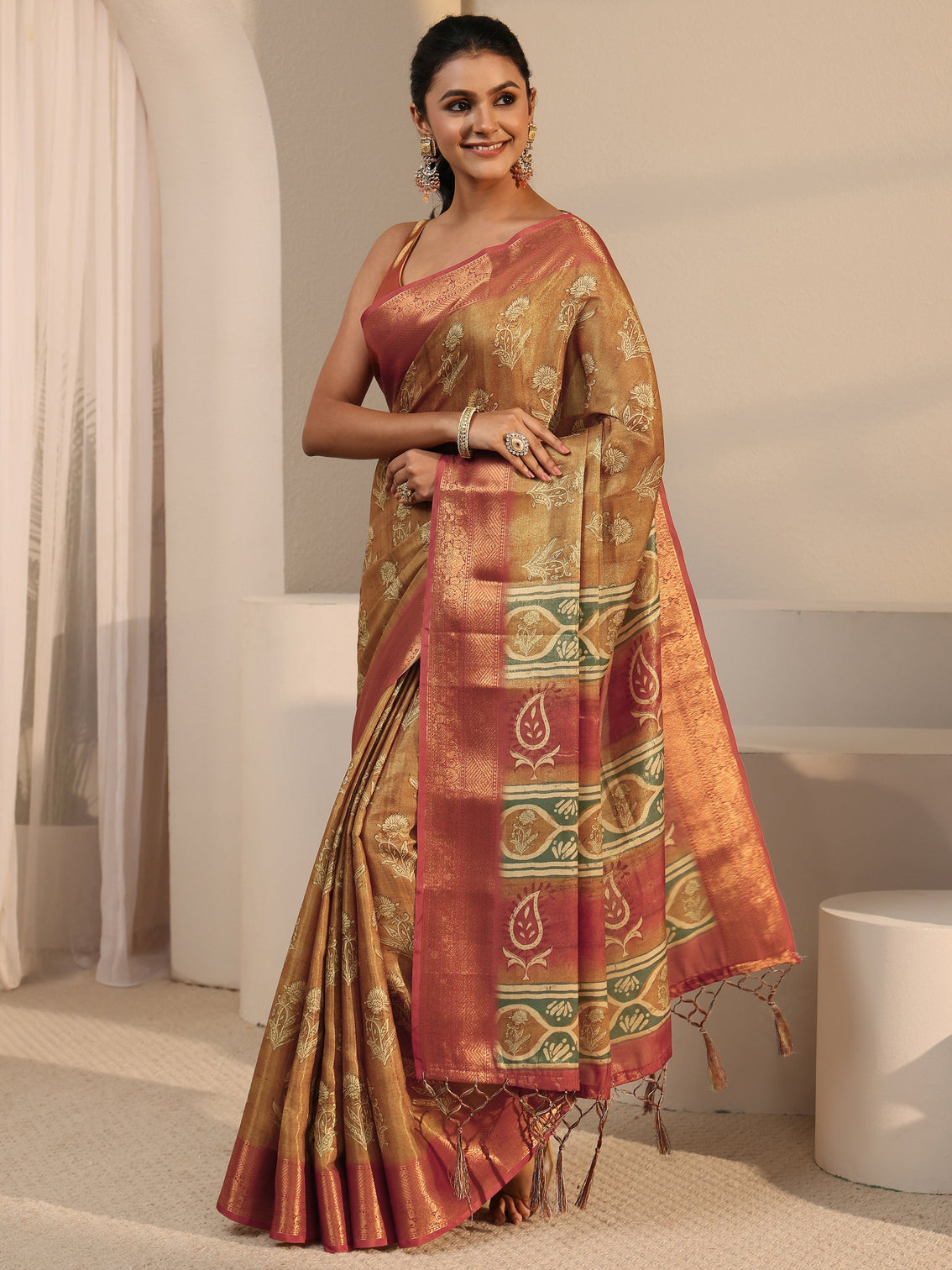 Mameraa Brown Floral Printed Silk Blend Saree with Woven Border
