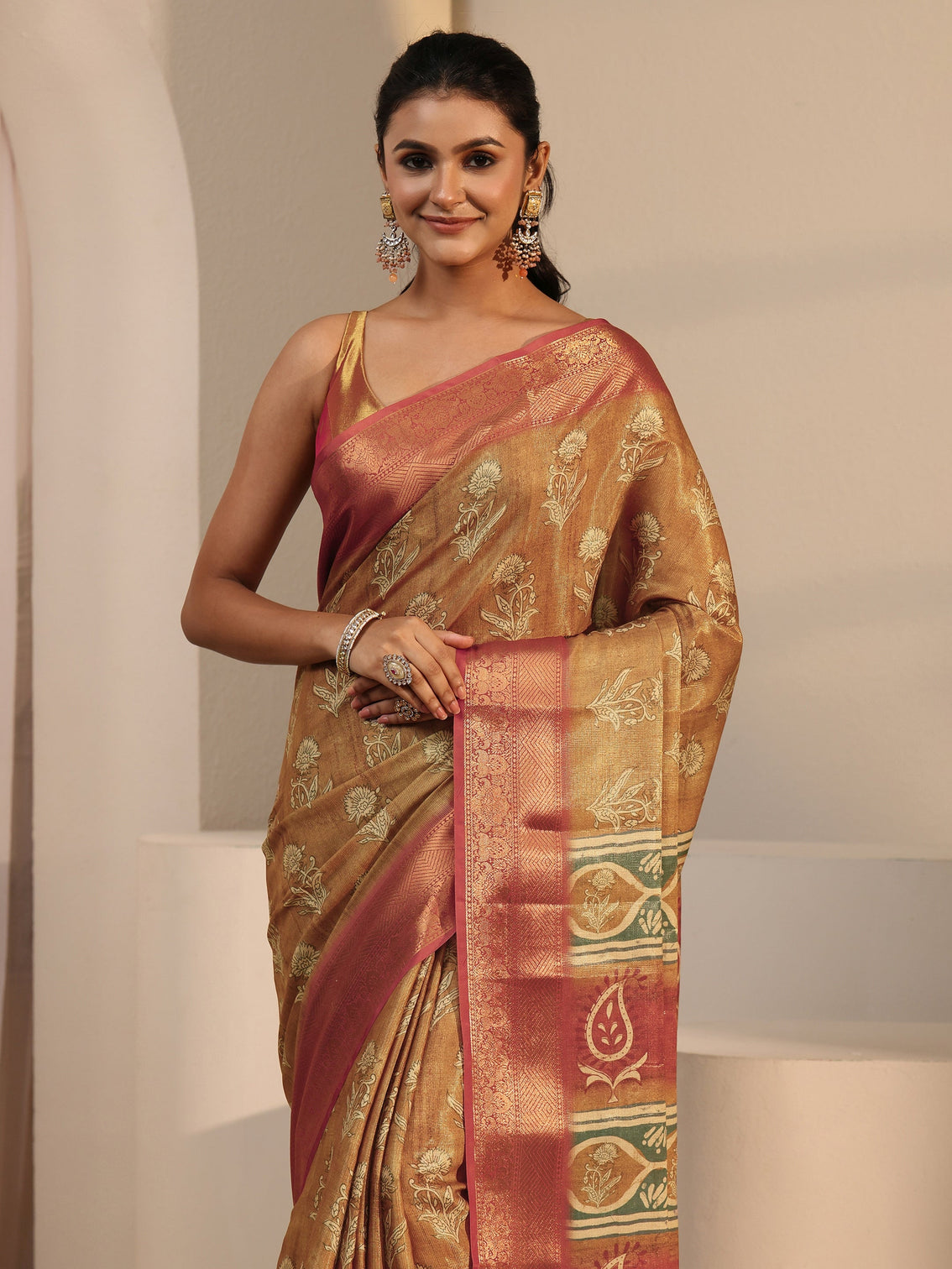 Mameraa Brown Floral Printed Silk Blend Saree with Woven Border