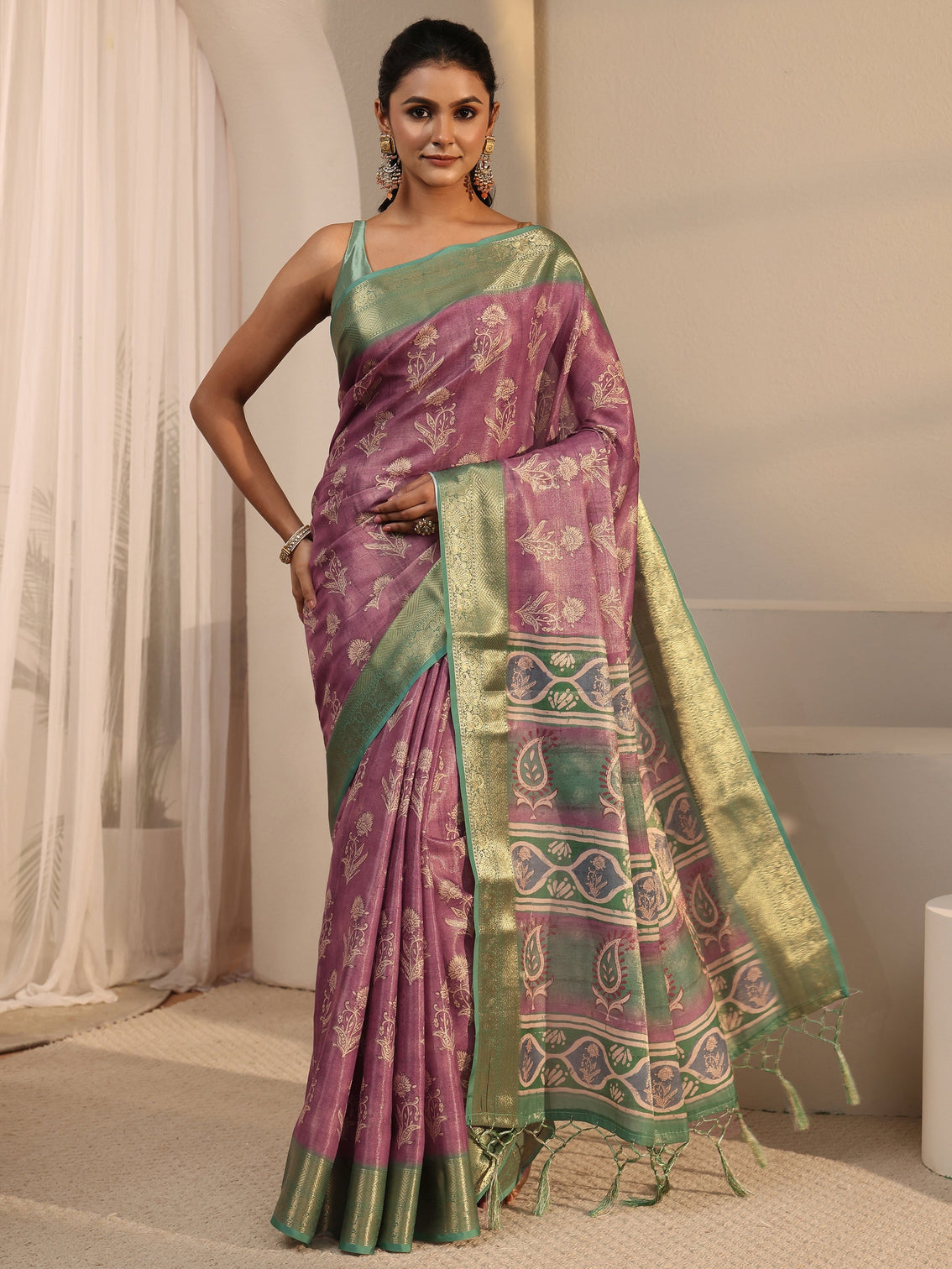 Mameraa Purple Floral Printed Silk Blend Tassel Saree with Woven Border