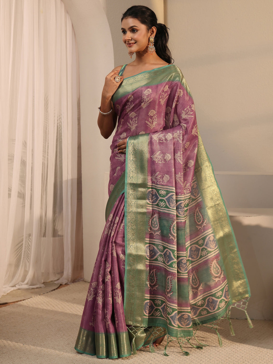 Mameraa Purple Floral Printed Silk Blend Tassel Saree with Woven Border