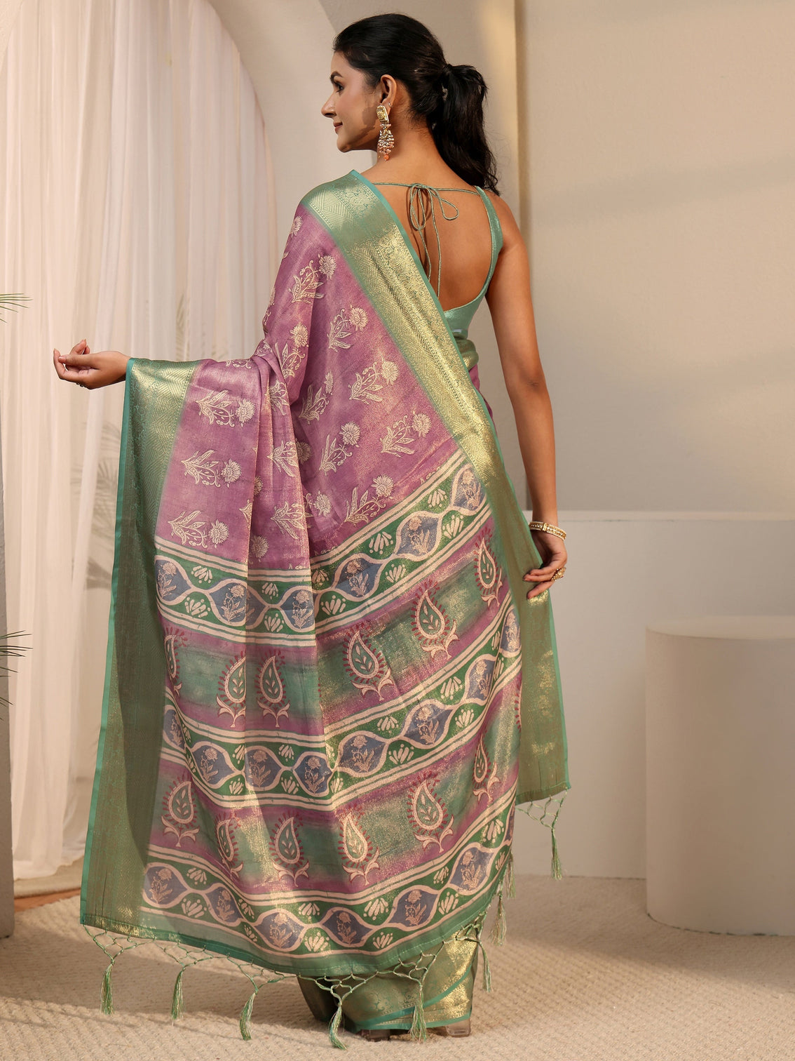 Mameraa Purple Floral Printed Silk Blend Tassel Saree with Woven Border