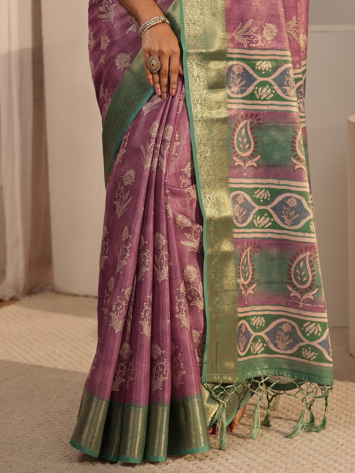 Mameraa Purple Floral Printed Silk Blend Tassel Saree with Woven Border