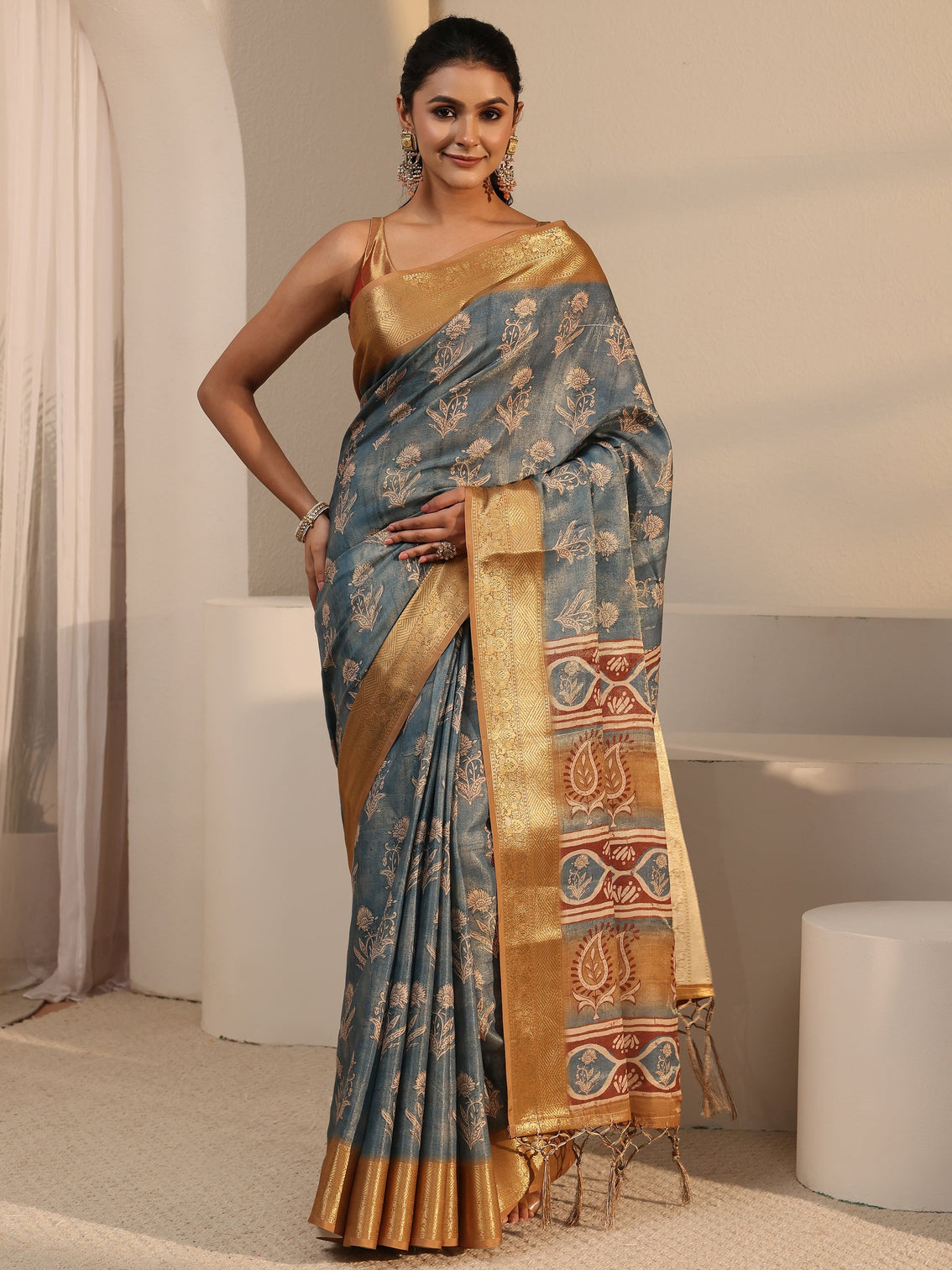 Mameraa Blue Floral Printed Silk Blend Tassel Saree with Woven Border