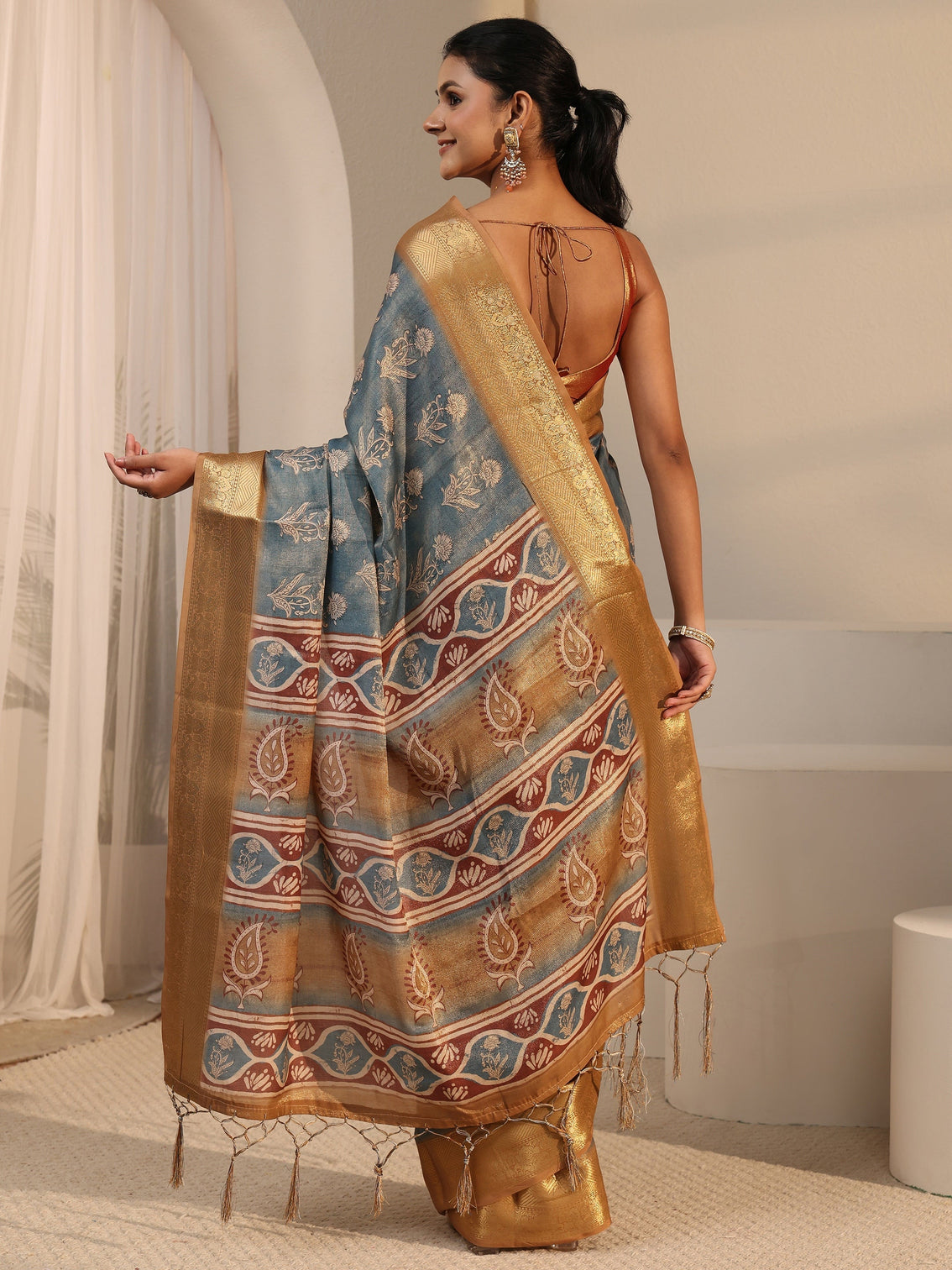 Mameraa Blue Floral Printed Silk Blend Tassel Saree with Woven Border