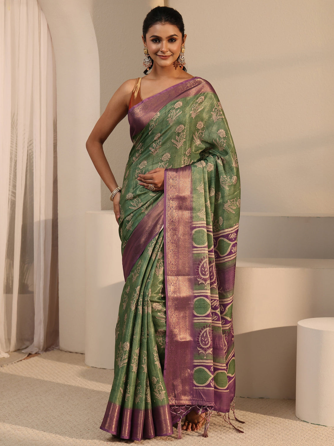 Mameraa Green Floral Printed Silk Blend Tassel Saree with Woven Border