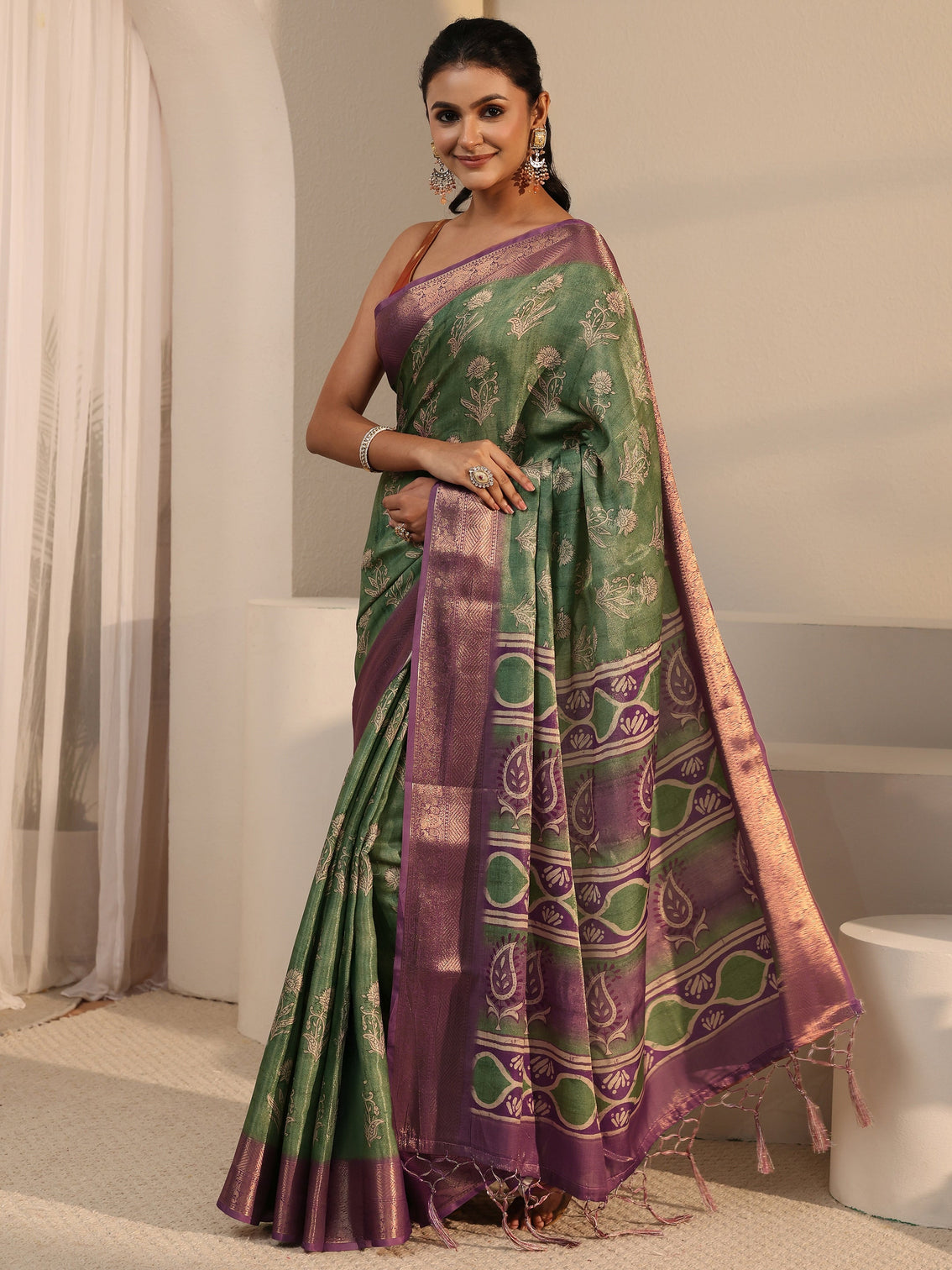 Mameraa Green Floral Printed Silk Blend Tassel Saree with Woven Border