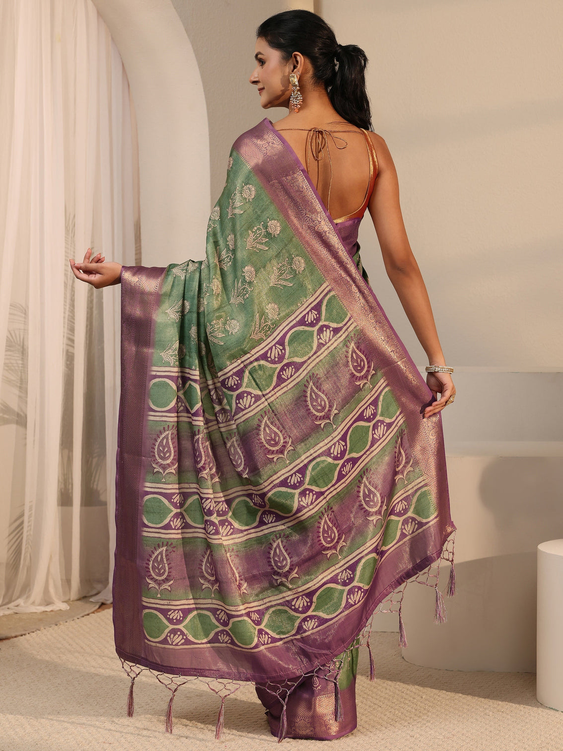 Mameraa Green Floral Printed Silk Blend Tassel Saree with Woven Border
