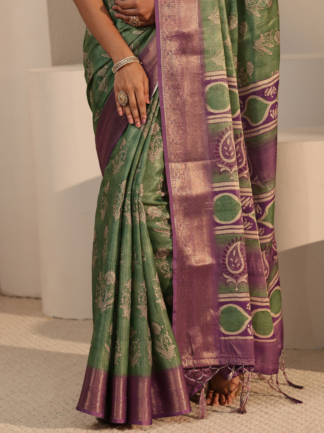 Mameraa Green Floral Printed Silk Blend Tassel Saree with Woven Border