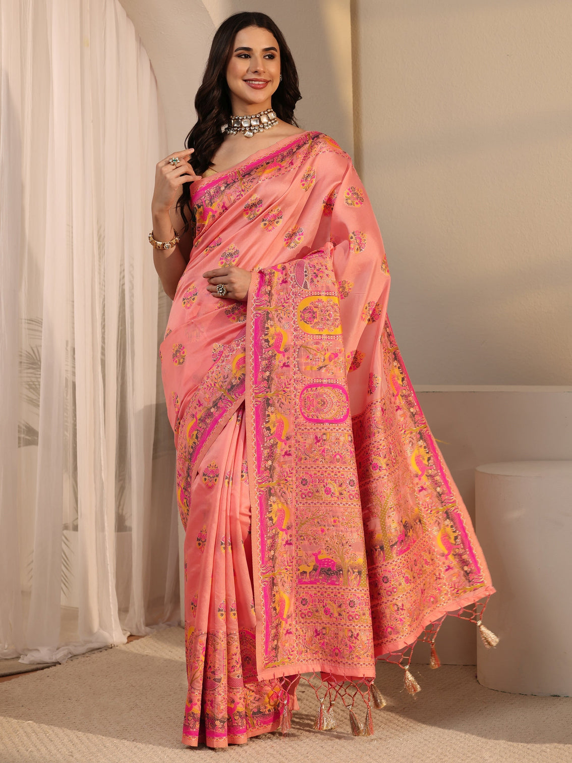 Mameraa Peach Ethnic Woven Design Silk Blend Tassel Saree