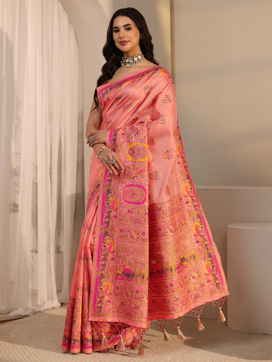 Mameraa Peach Ethnic Woven Design Silk Blend Tassel Saree