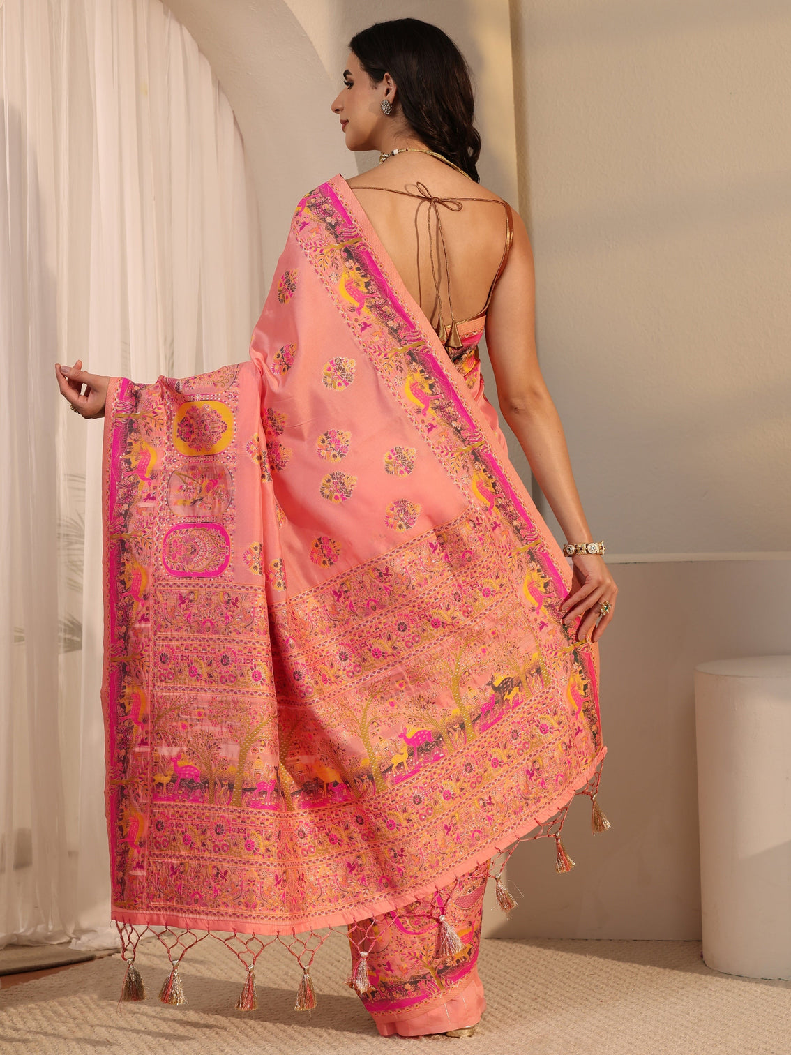 Mameraa Peach Ethnic Woven Design Silk Blend Tassel Saree