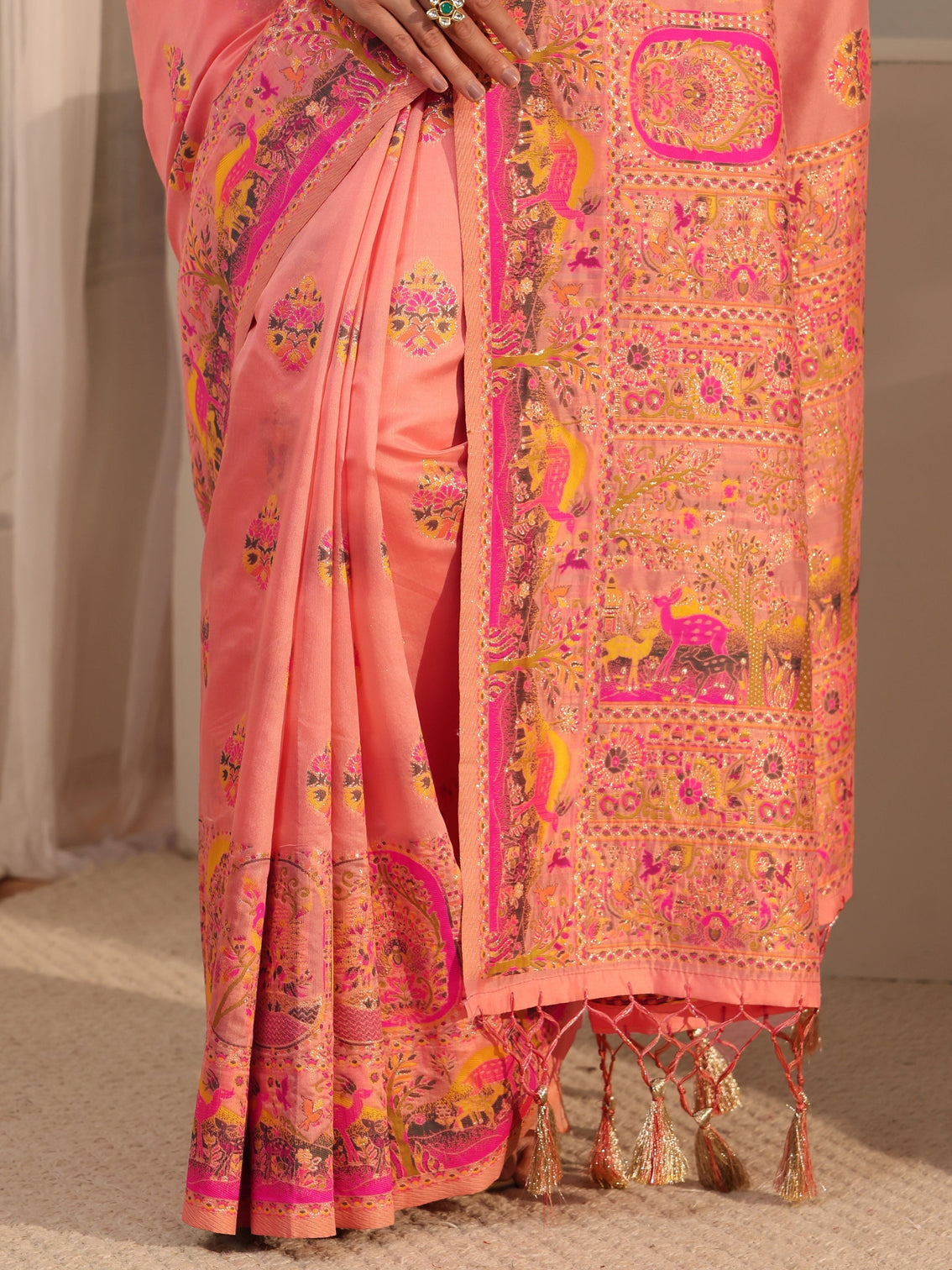 Mameraa Peach Ethnic Woven Design Silk Blend Tassel Saree