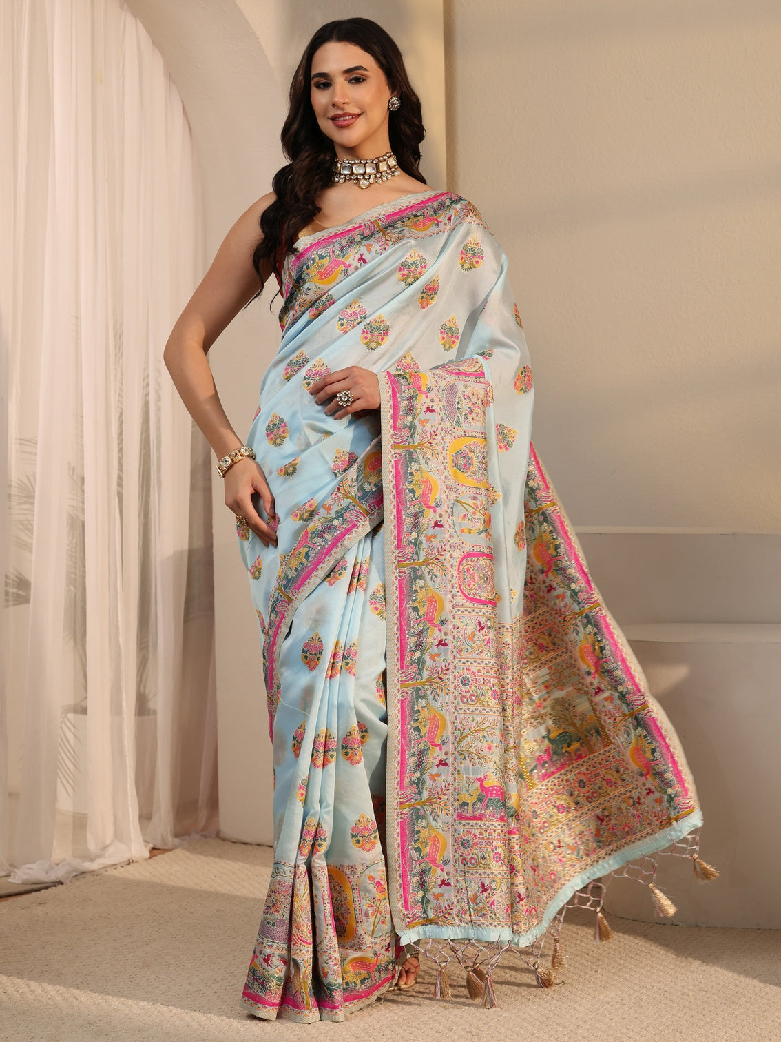 Mameraa Sky Blue Ethnic Woven Design Silk Blend Tassel Saree