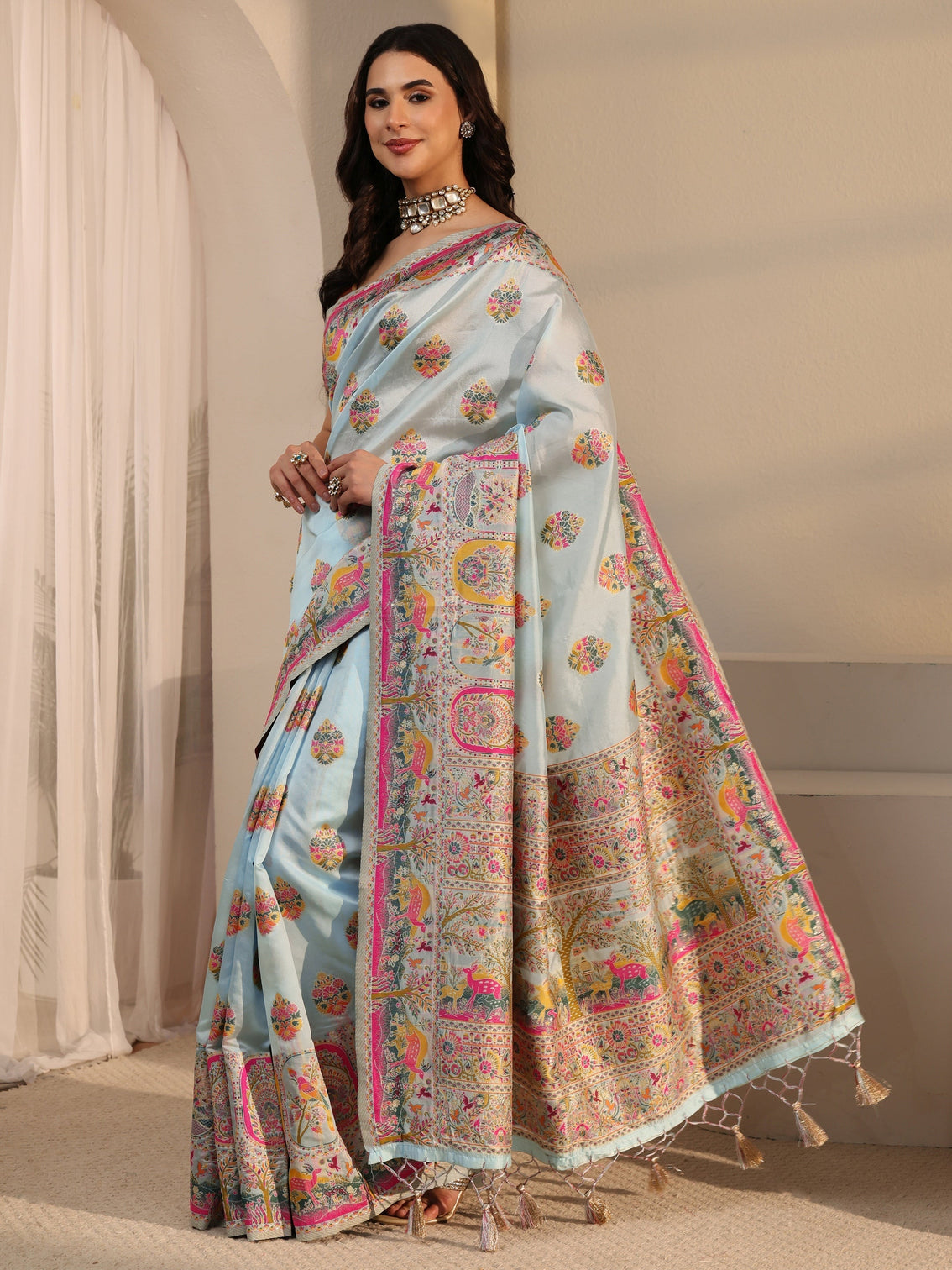 Mameraa Sky Blue Ethnic Woven Design Silk Blend Tassel Saree