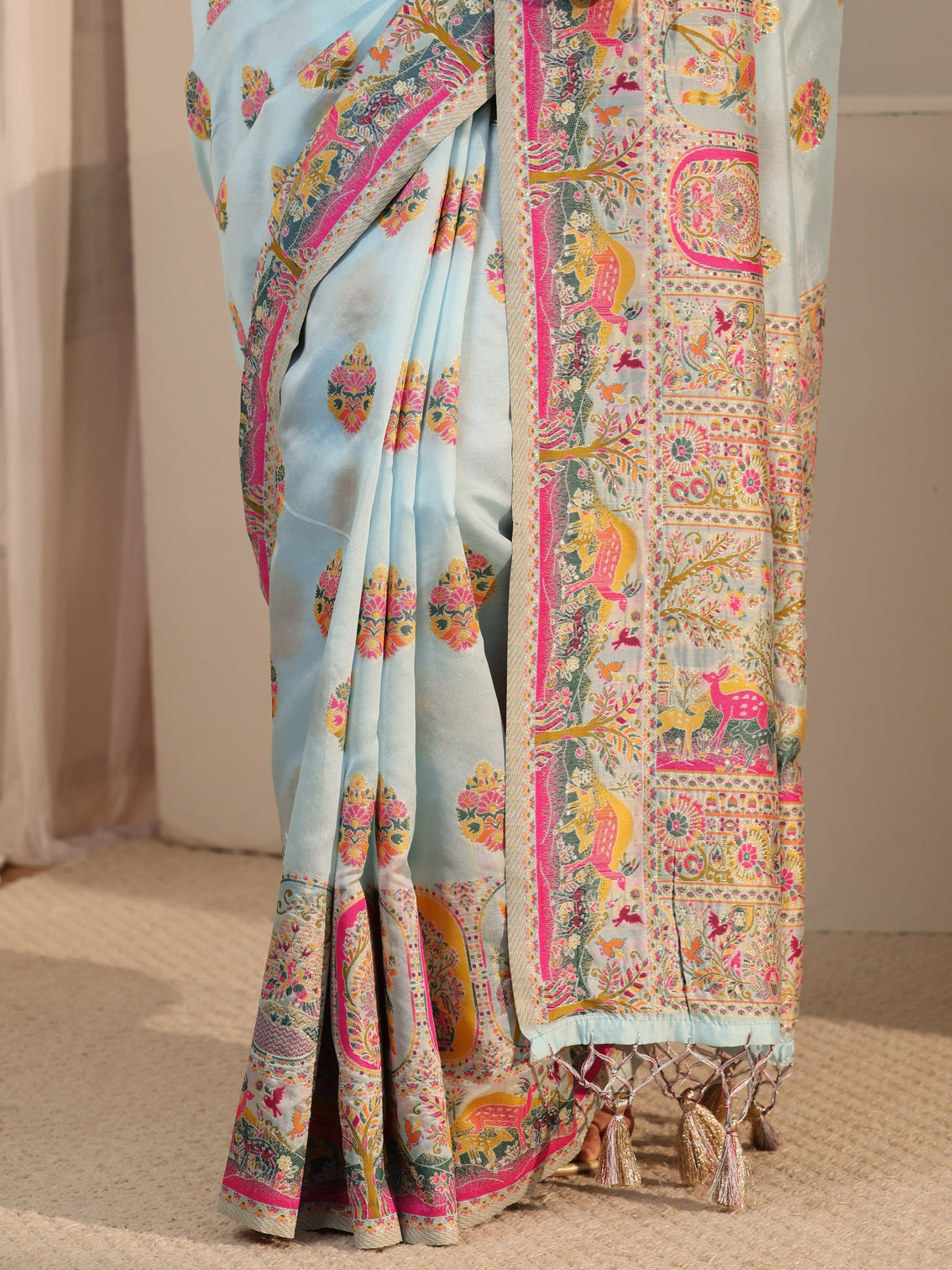 Mameraa Sky Blue Ethnic Woven Design Silk Blend Tassel Saree